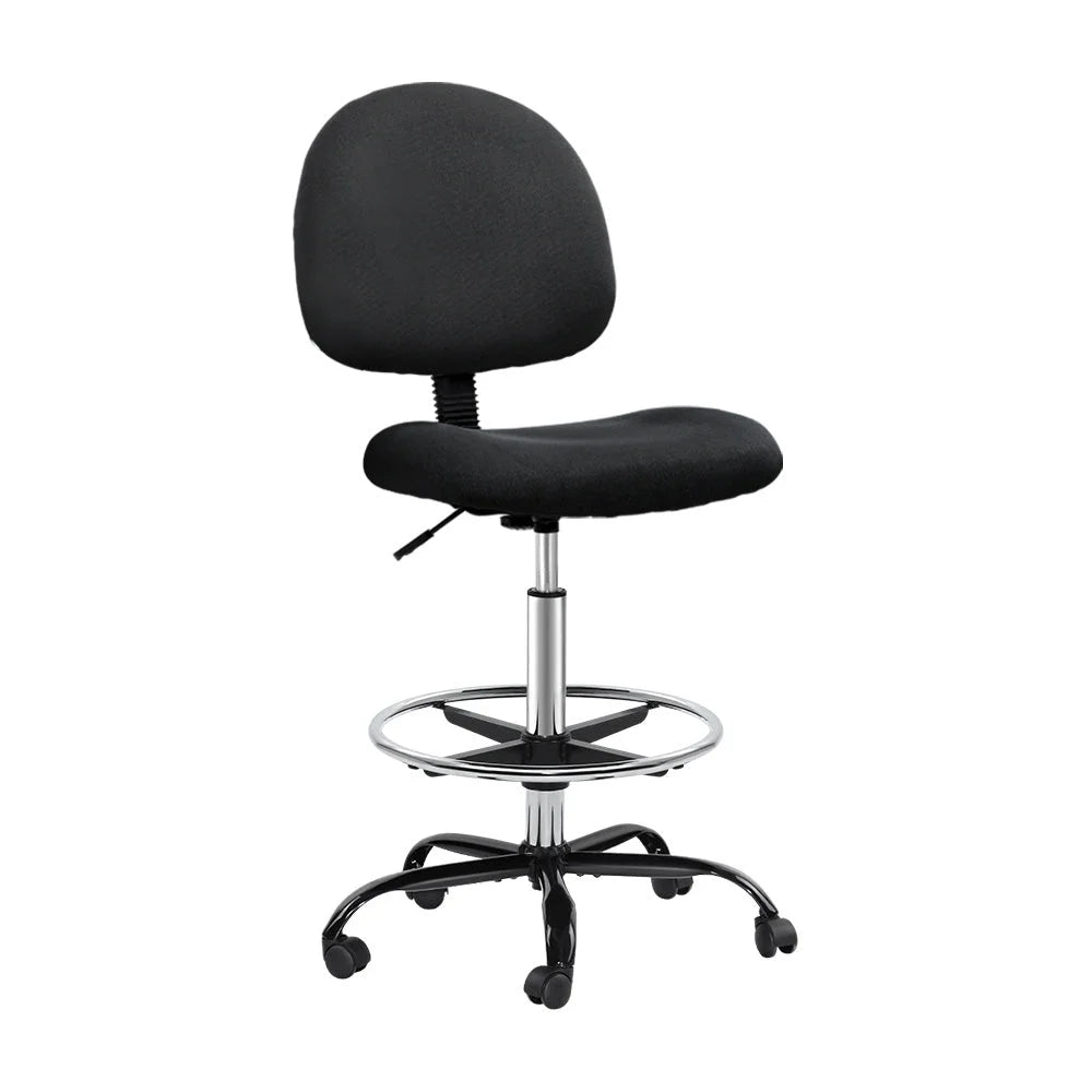 Black fabric office chair with hanging seat and curved stand frame