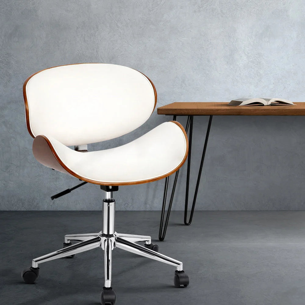 Office Desk Chair Wooden & PU Leather White - Office