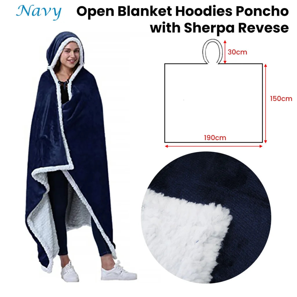 Open Blanket Hoodie Poncho Adult Men Women Sherpa Fleece