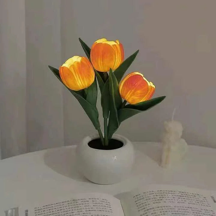 Orange Flowers USB Tulip Night Light - Bedroom Decor Table