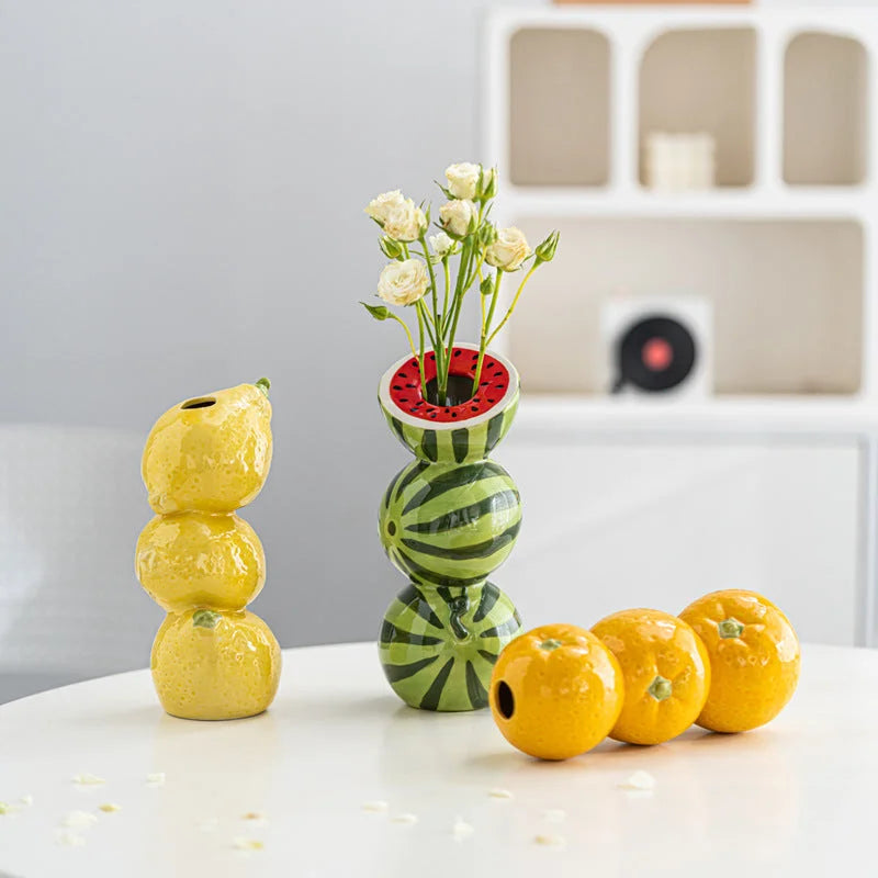 Orange Whimsical Stacked Fruit Ceramic Vase - Nordic Style