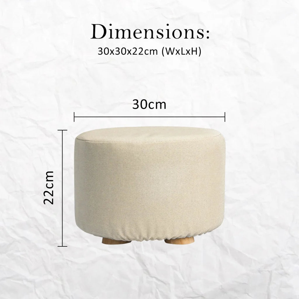 Ottoman Foot Stool Round Wooden Leg Fabric - Beige