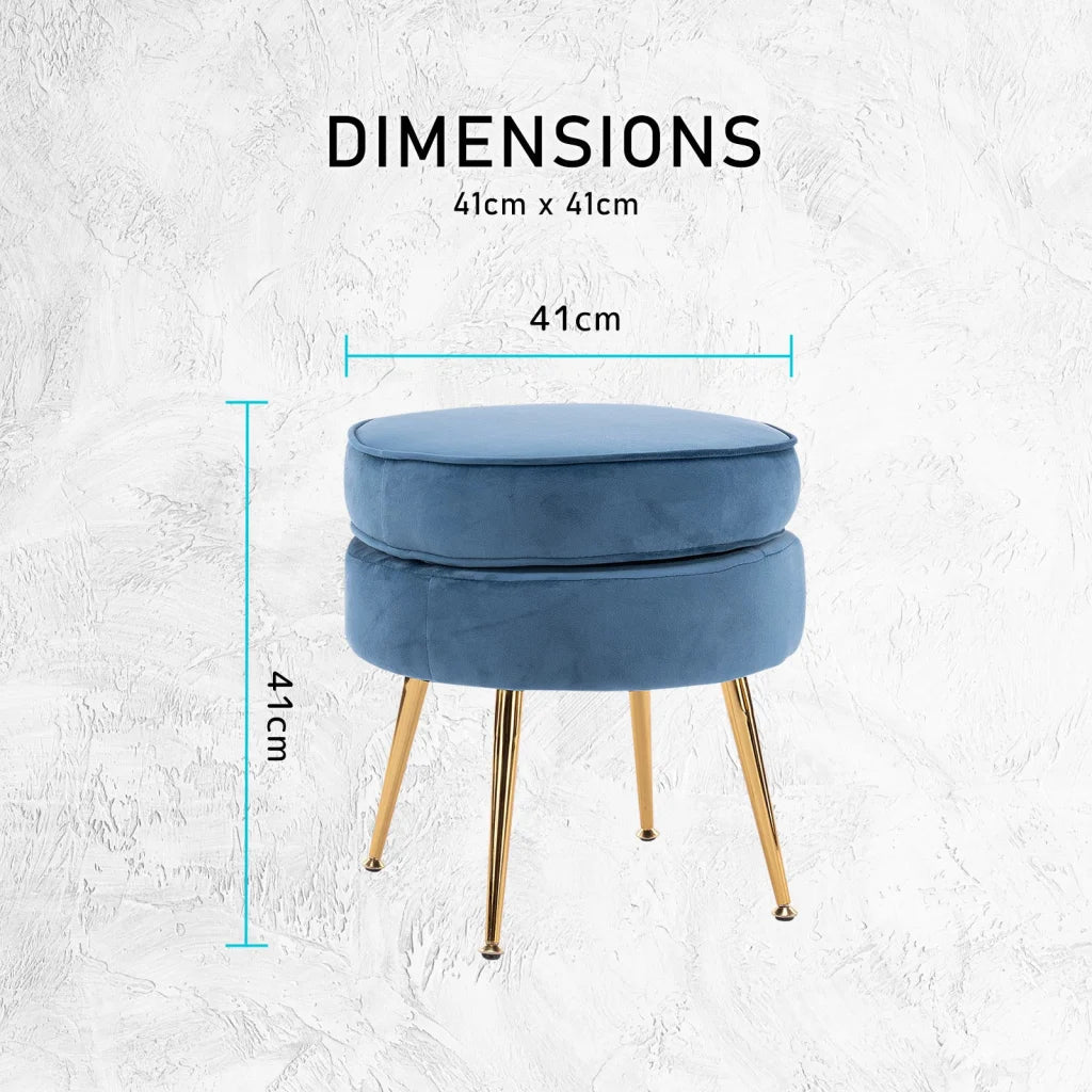 Ottoman Foot Stool Velvet Fabric Metal Leg Round - Navy Blue
