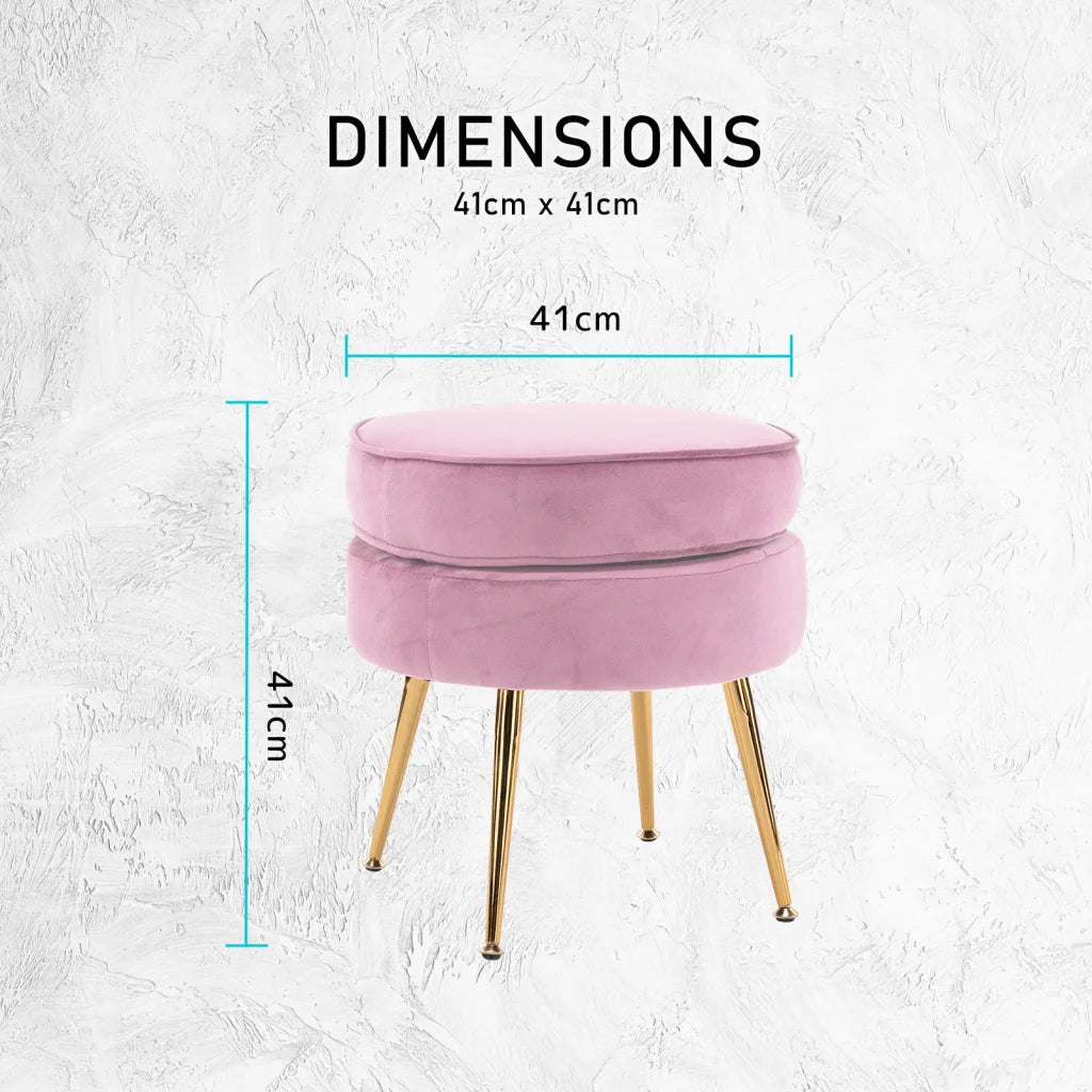 Ottoman Foot Stool Velvet Fabric Metal Leg Round - Pink