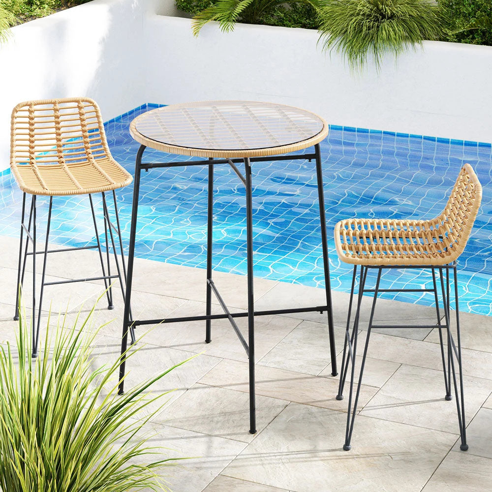 Outdoor Bar Set 3-Piece Wicker Table Chairs Patio Bistro