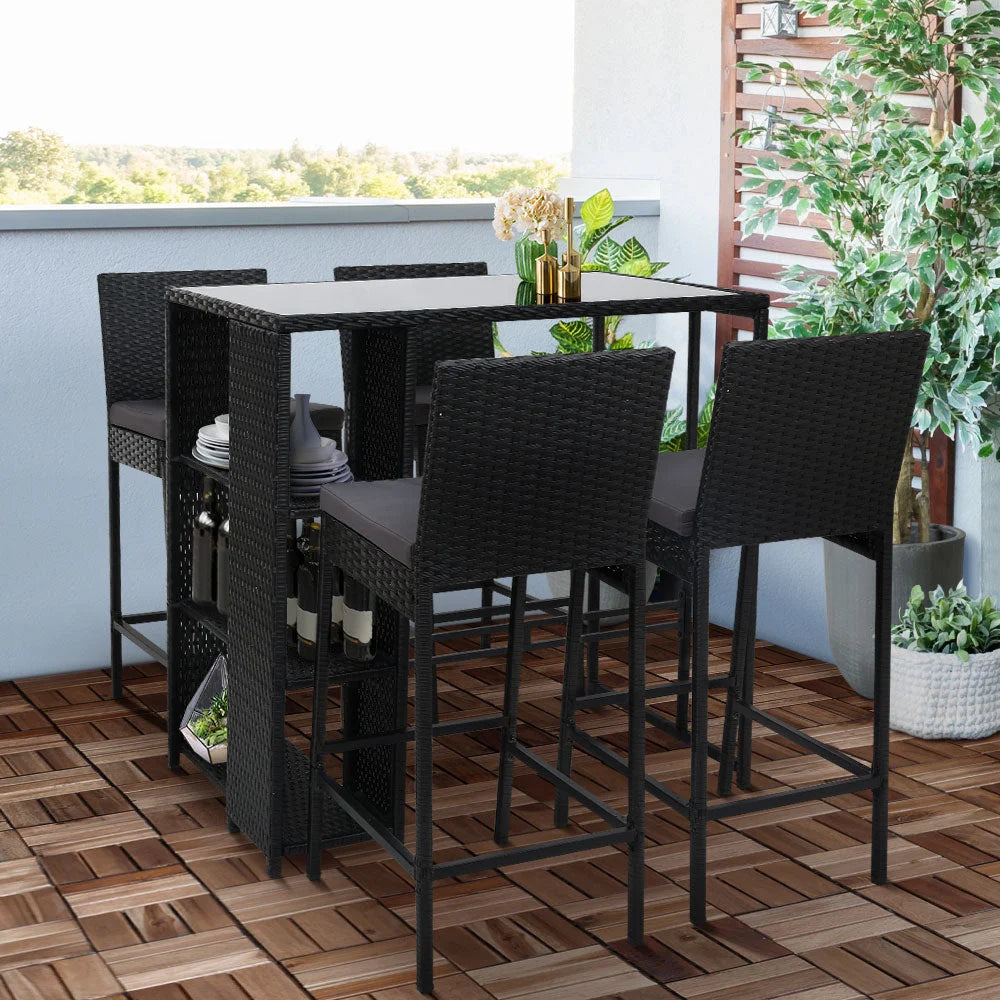 Outdoor Bar Set Table Stools Wicker Furniture 5PCS - Garden