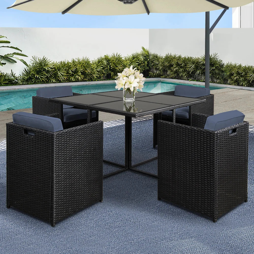 Black grey wicker 5 outdoor dining set with rio seater