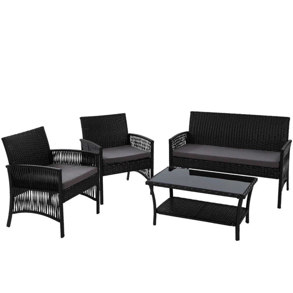 Outdoor Furniture Set 4pc Wicker Cushion Black - Garden