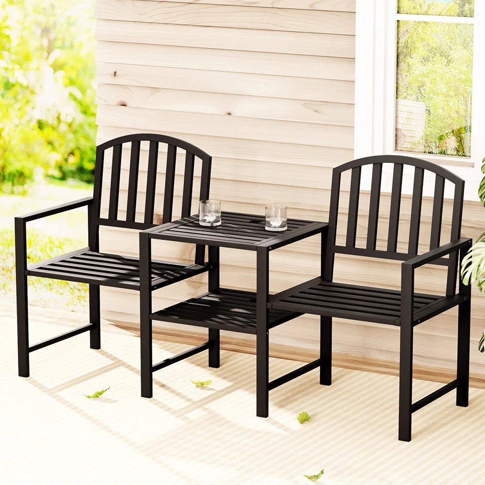 Black steel chair with outdoor bench seat loveseat