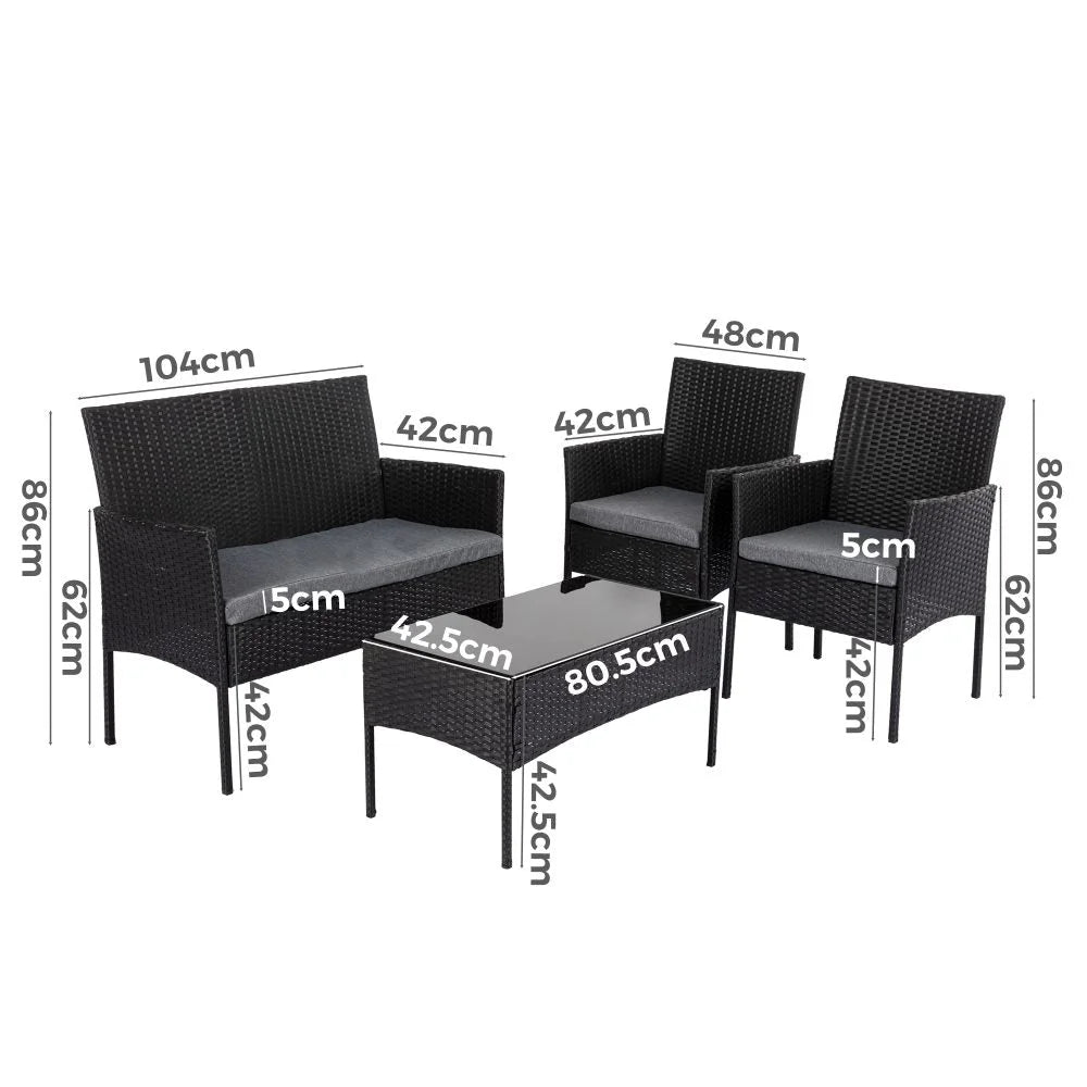 Outdoor Lounge Set 4 Seater Wicker - Black - Furniture