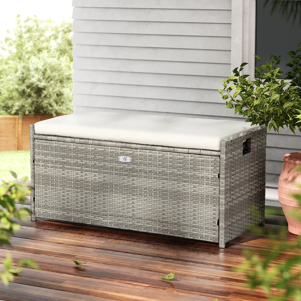 Outdoor Storage Bench Box Wicker Garden Shed Tools Cushion