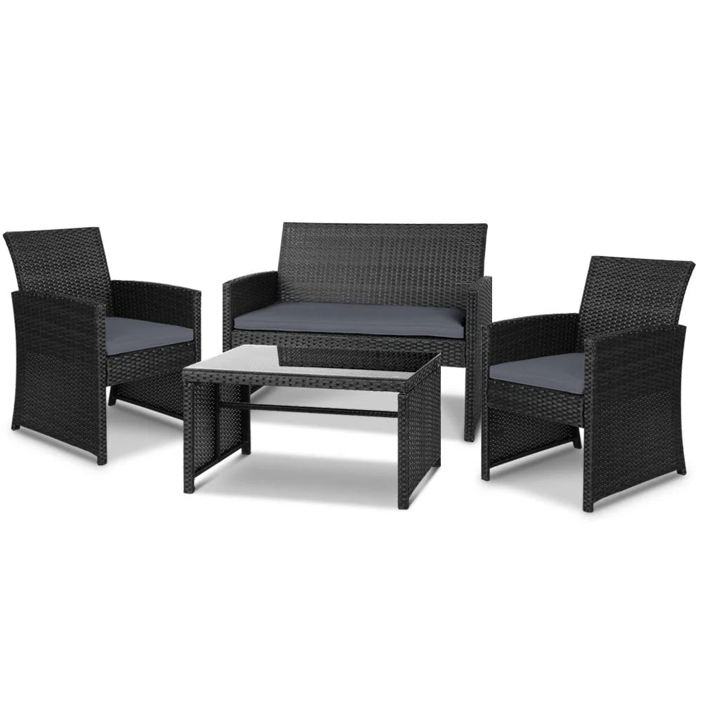Black wicker outdoor chairs table with padded seat and sturdy metal frame