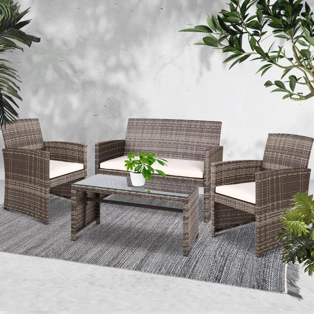 Outdoor Wicker Chairs & Table (Set of 4) Grey - Outdoor