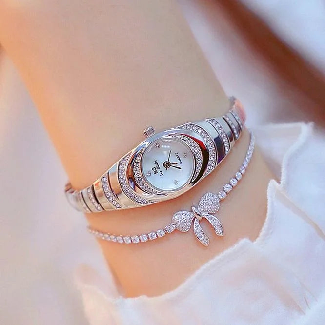 Oval Chain Watch with Diamonds for Women - Gold - Fashion >
