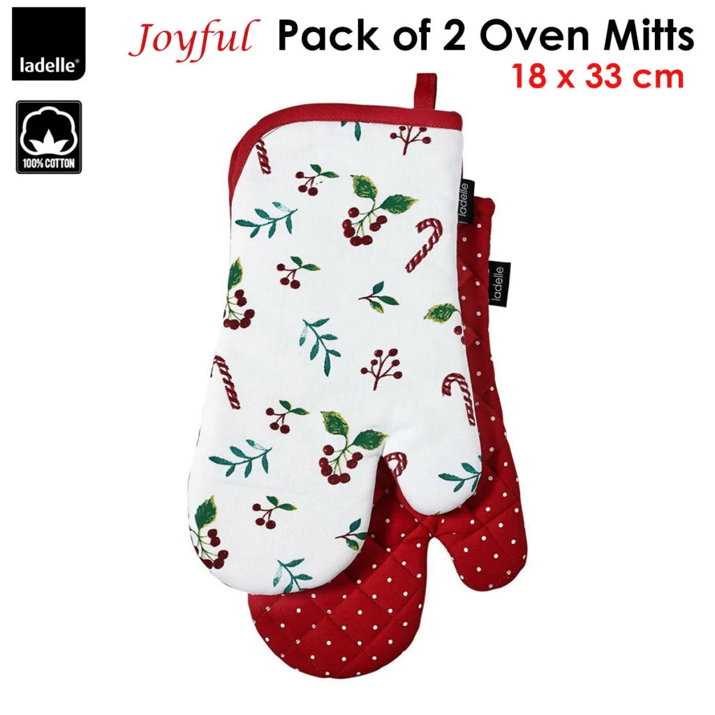 Oven Mitts Set of 2 Ladelle Joyful Red Cotton 18x33 cm
