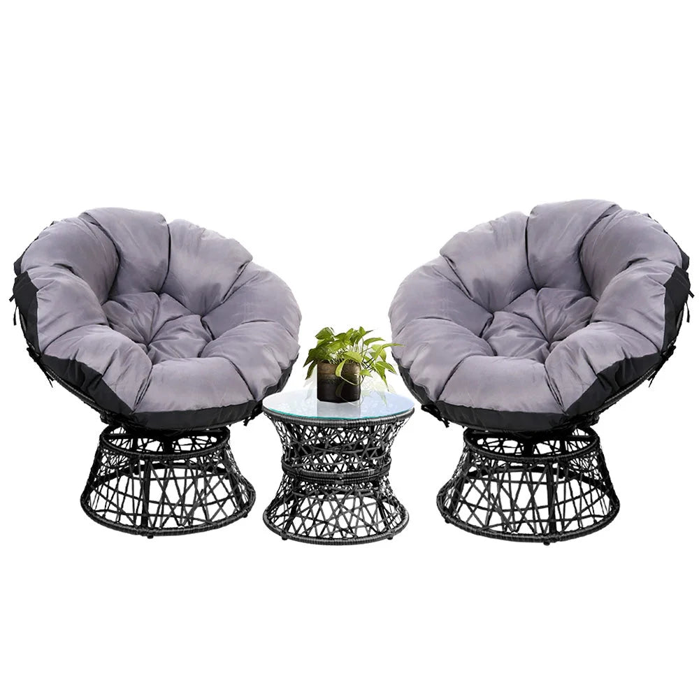 Black papasan chair table with mesh backrest and caster base