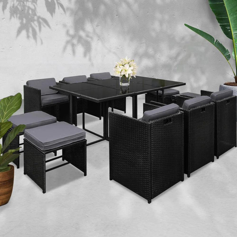 PE Wicker Outdoor Dining Set (11pc) Black - Outdoor