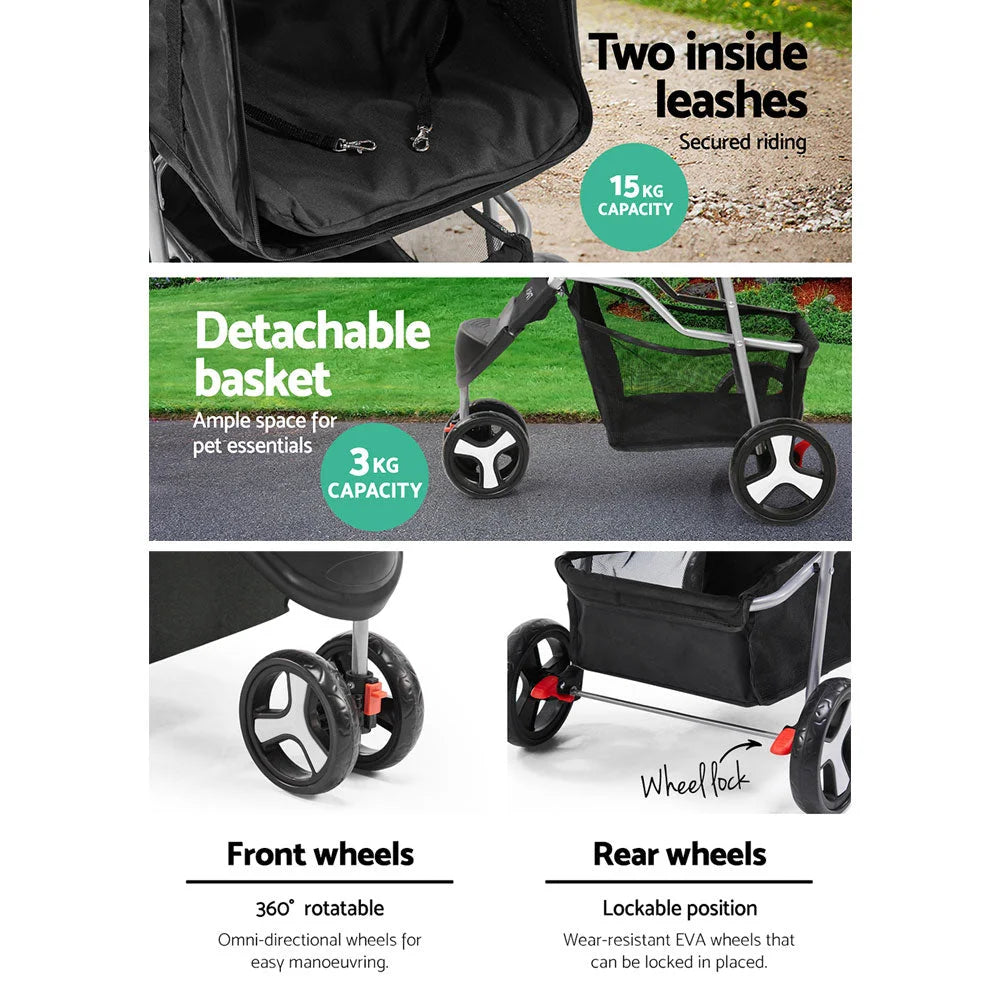 Pet Stroller 3-Wheel - Black - Cat Supplies