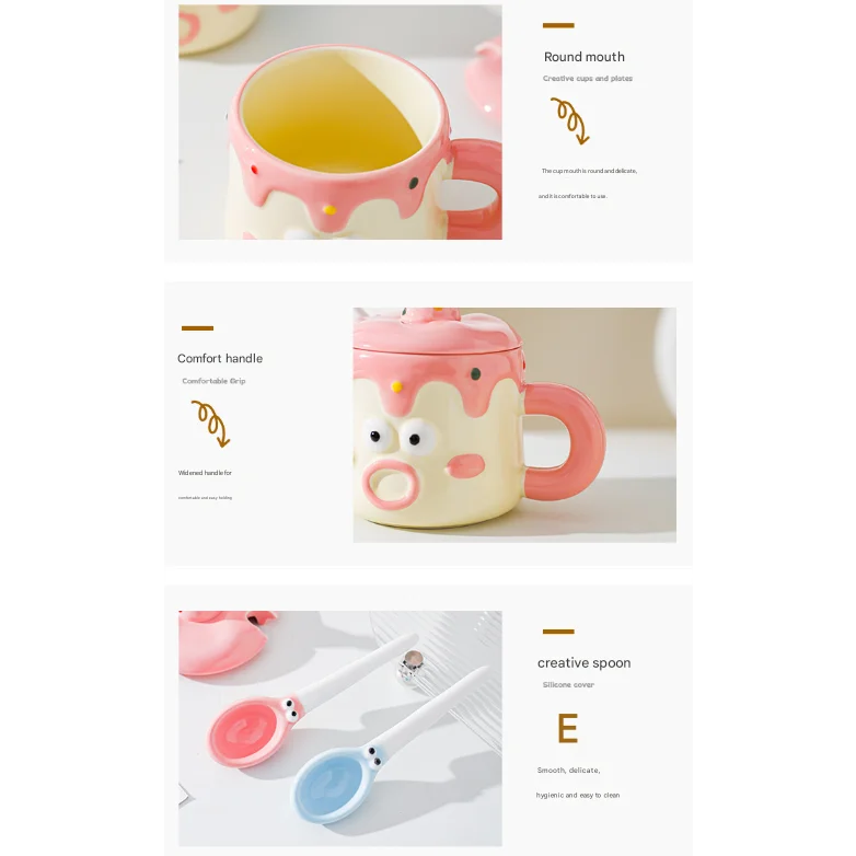 Pink Adorable Cartoon Character Ceramic Mug Set - 420ml
