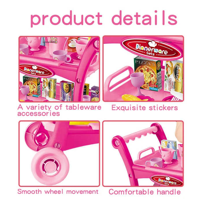 Pink Children’s Pretend Play Kitchen Cart Set with Toys