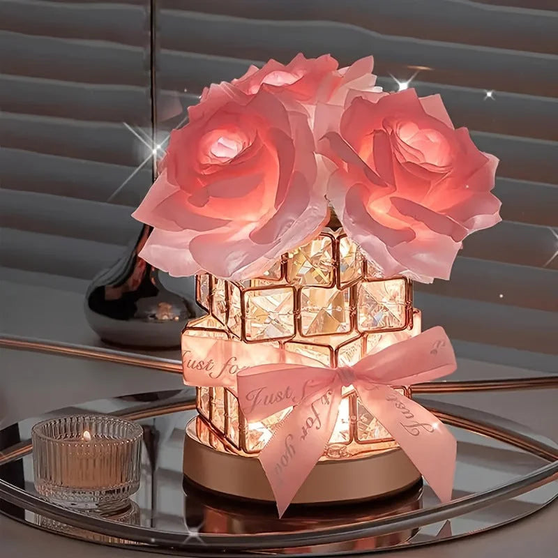 Pink Rose LED Crystal Flower Table Lamp - USB Rechargeable