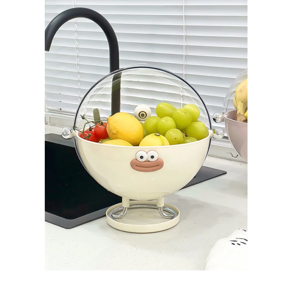 Pink Whimsical Covered Fruit Bowl with Flip Lid & Drainer
