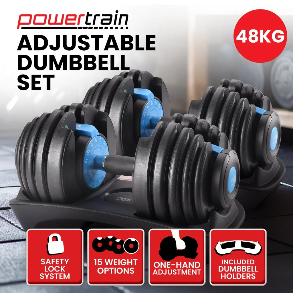 Powertrain 2x 24kg Adjustable Dumbbell Home Gym Set
