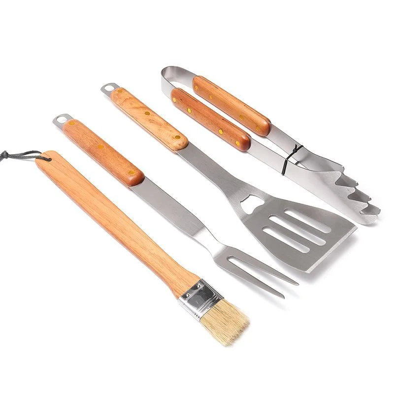 Premium 4-Piece BBQ Tool Set with Rubberwood Handles