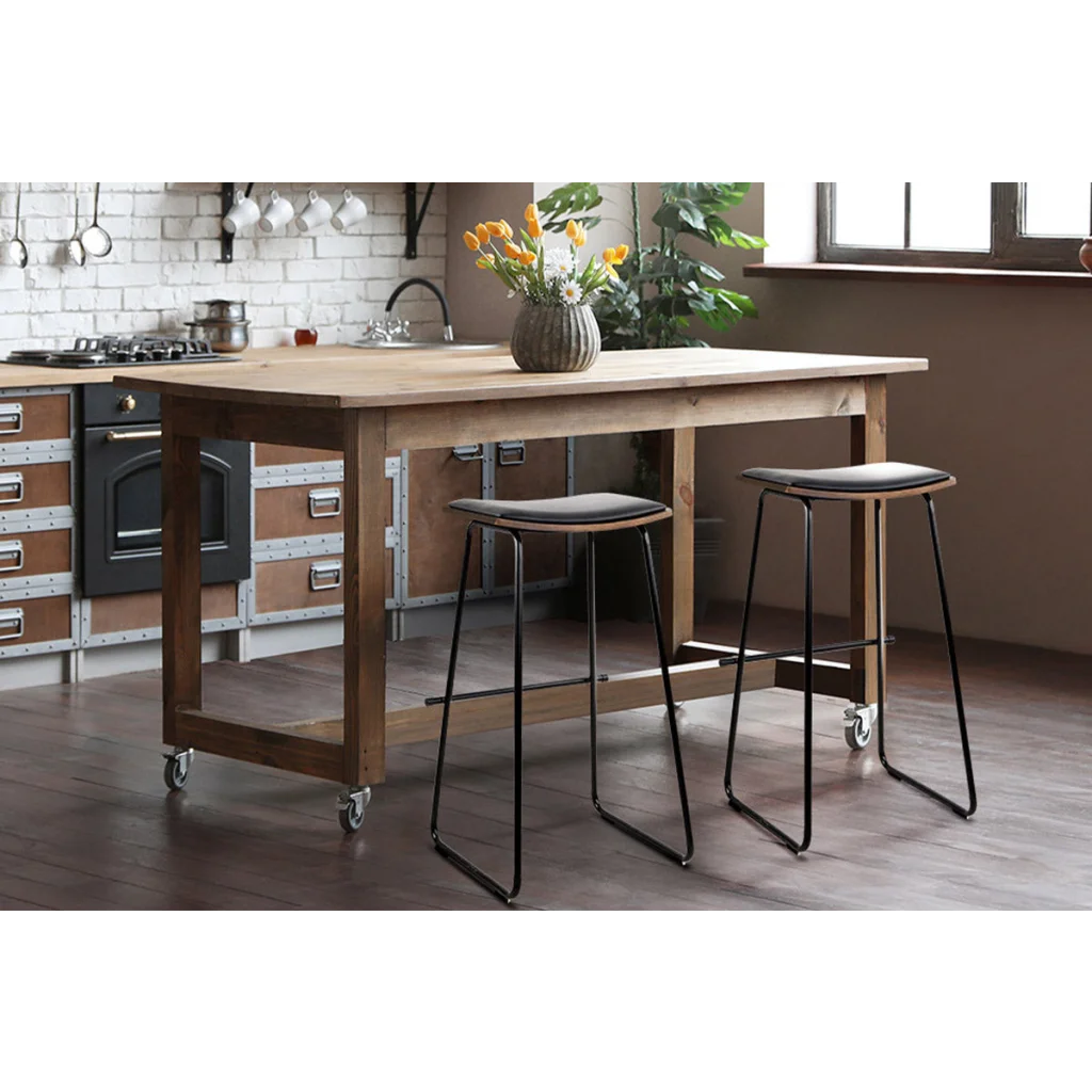 PU Leather Bar Stools (Set of 2) Backless Black/Wood - Bar