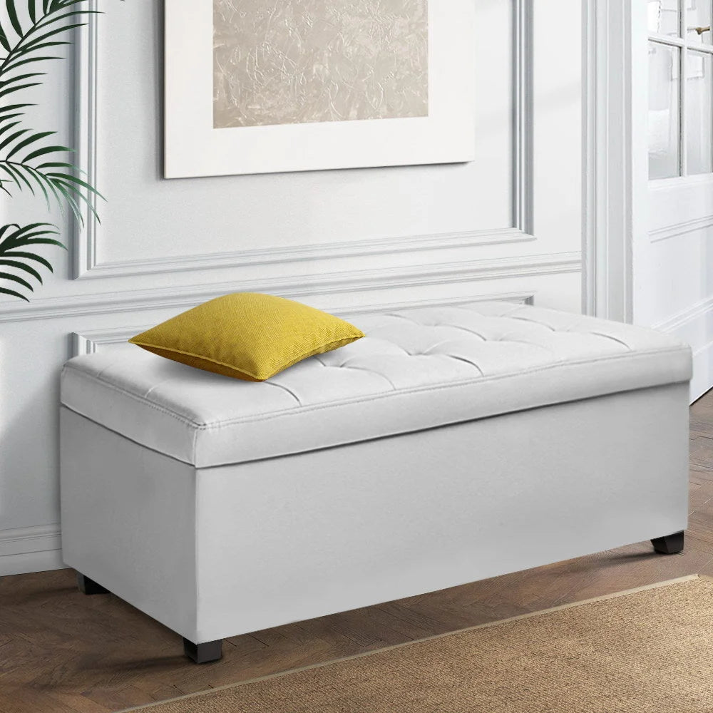 PU Leather Storage Ottoman (Large) White - Bedroom