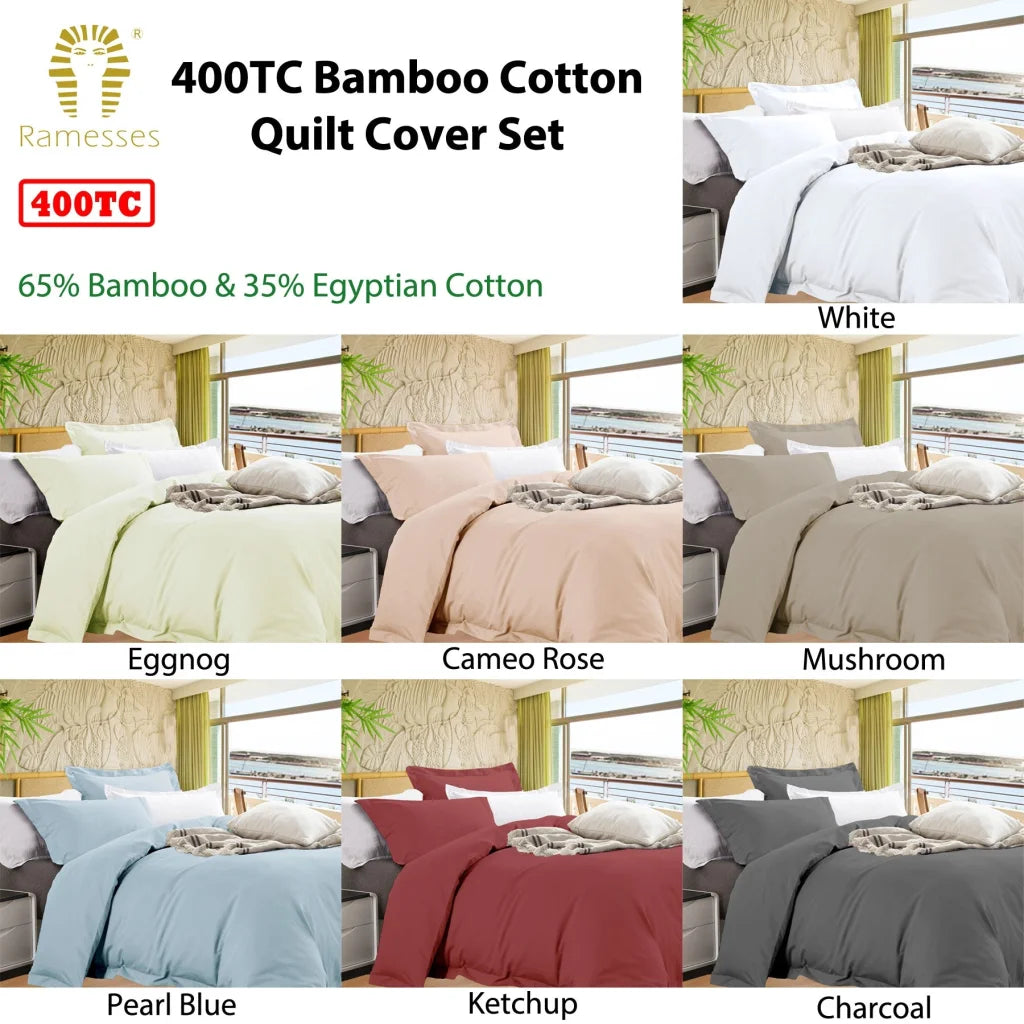 Ramesses Bamboo Cotton Quilt Cover Set Queen - White - Home