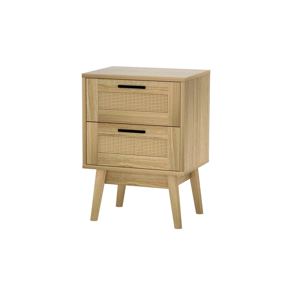 Rattan Bedside Table with 2 Drawers - RIE Oak