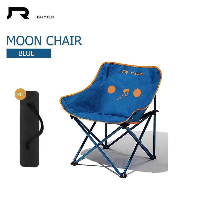 Blue razojess moon chair with padded seat and support frame
