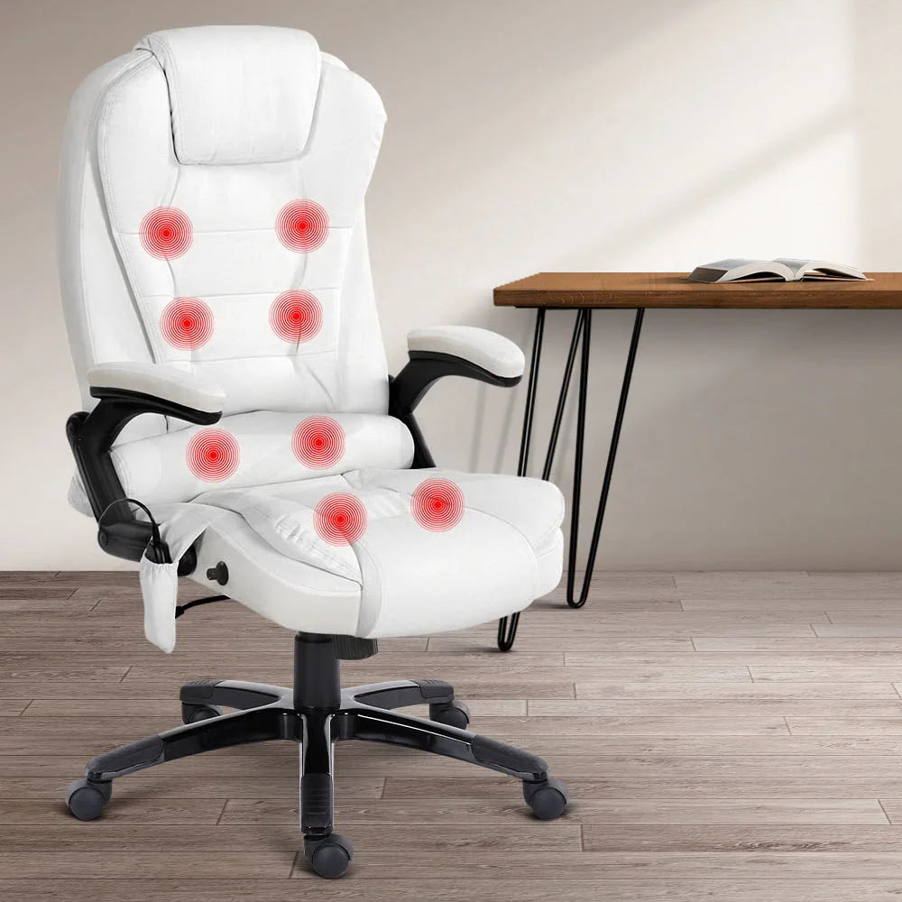 Reclining Massage Chair 8-Point PU Leather White - Office