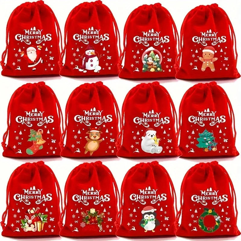 Red flannel Christmas Gift Drawstring Bags Set - Festive