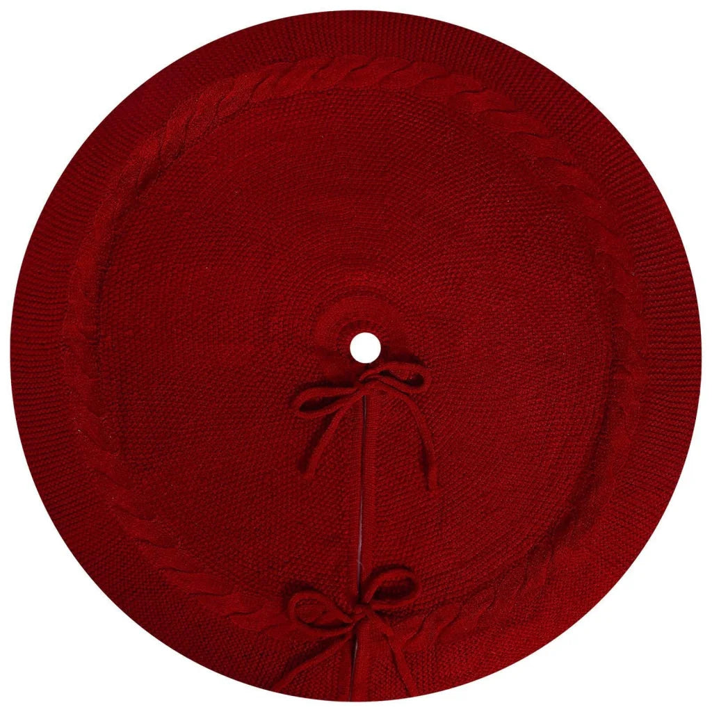 Red Luxury Knit Christmas Tree Skirt with Cable-Knit Border