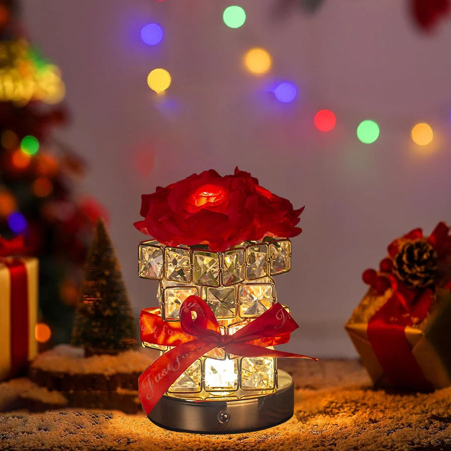 Red Rose LED Crystal Flower Table Lamp - USB Rechargeable