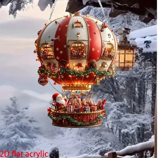 Red Whimsical Santa’s Hot Air Balloon Ornament - 2D Flat