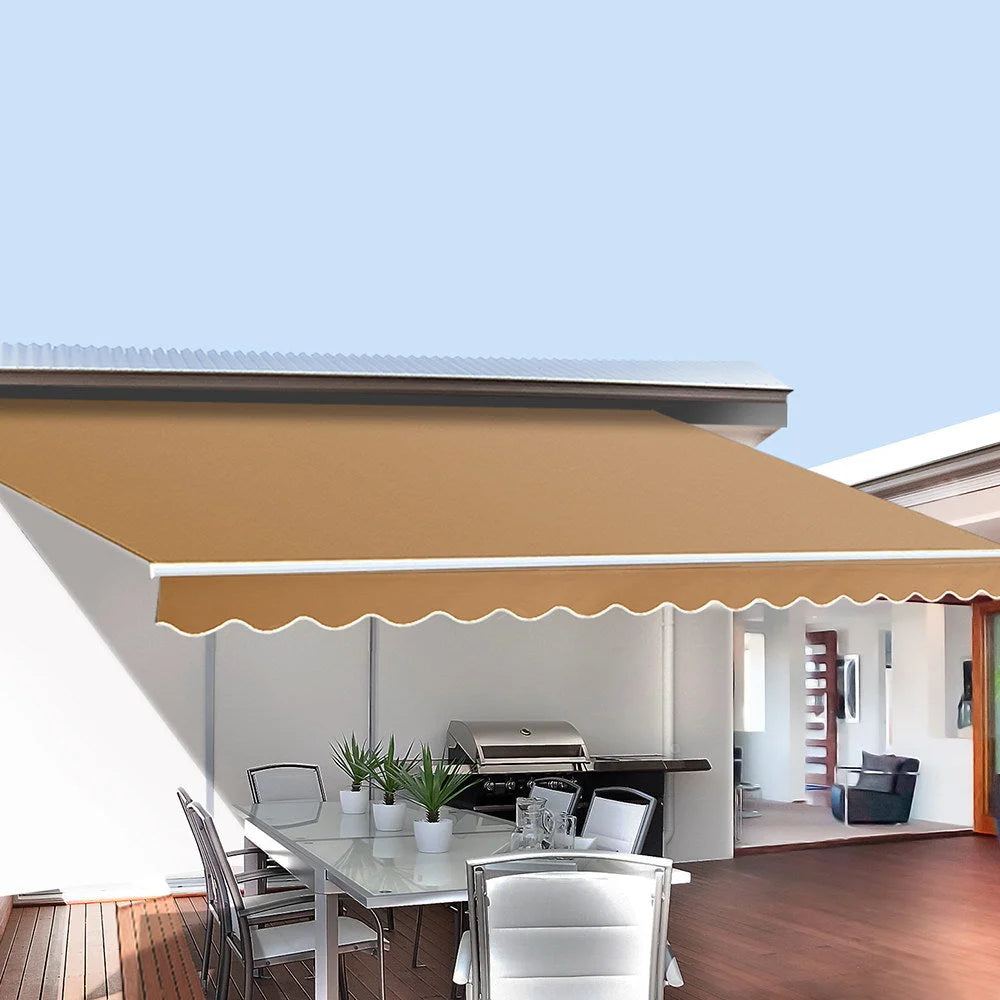 Beige 5m retractable folding arm with display setup and product form