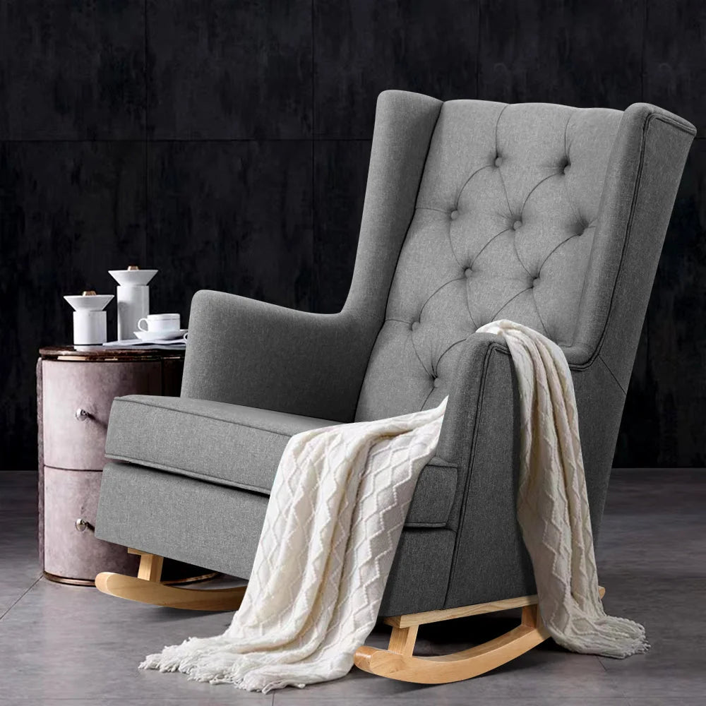 Rocking Armchair Feeding Chair Linen Fabric Lounge Retro