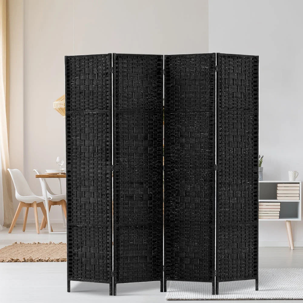 Room Divider 4‑Panel Privacy Screen Rattan Woven Wood Black