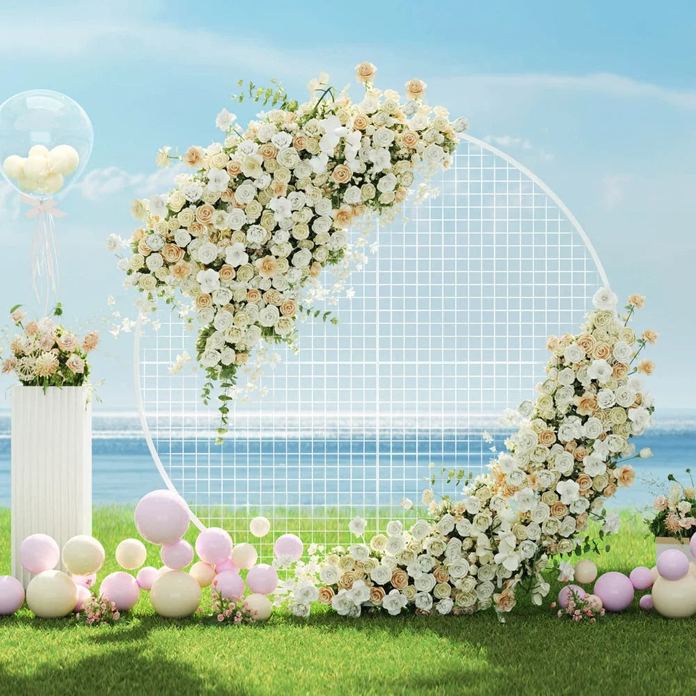 Round backdrop stand with tiered shelves and metal supports