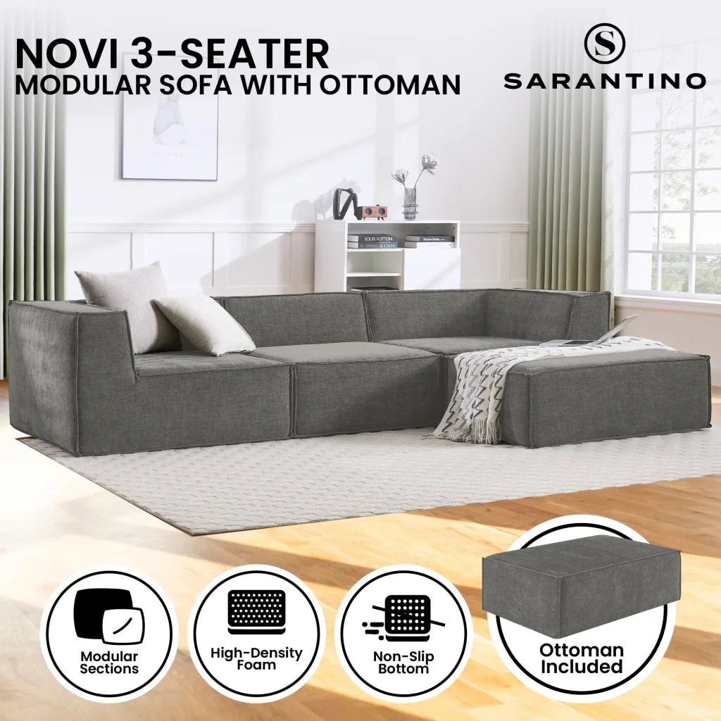 Sarantino Novi 3-Seater Modular Sofa with Ottoman in Grey