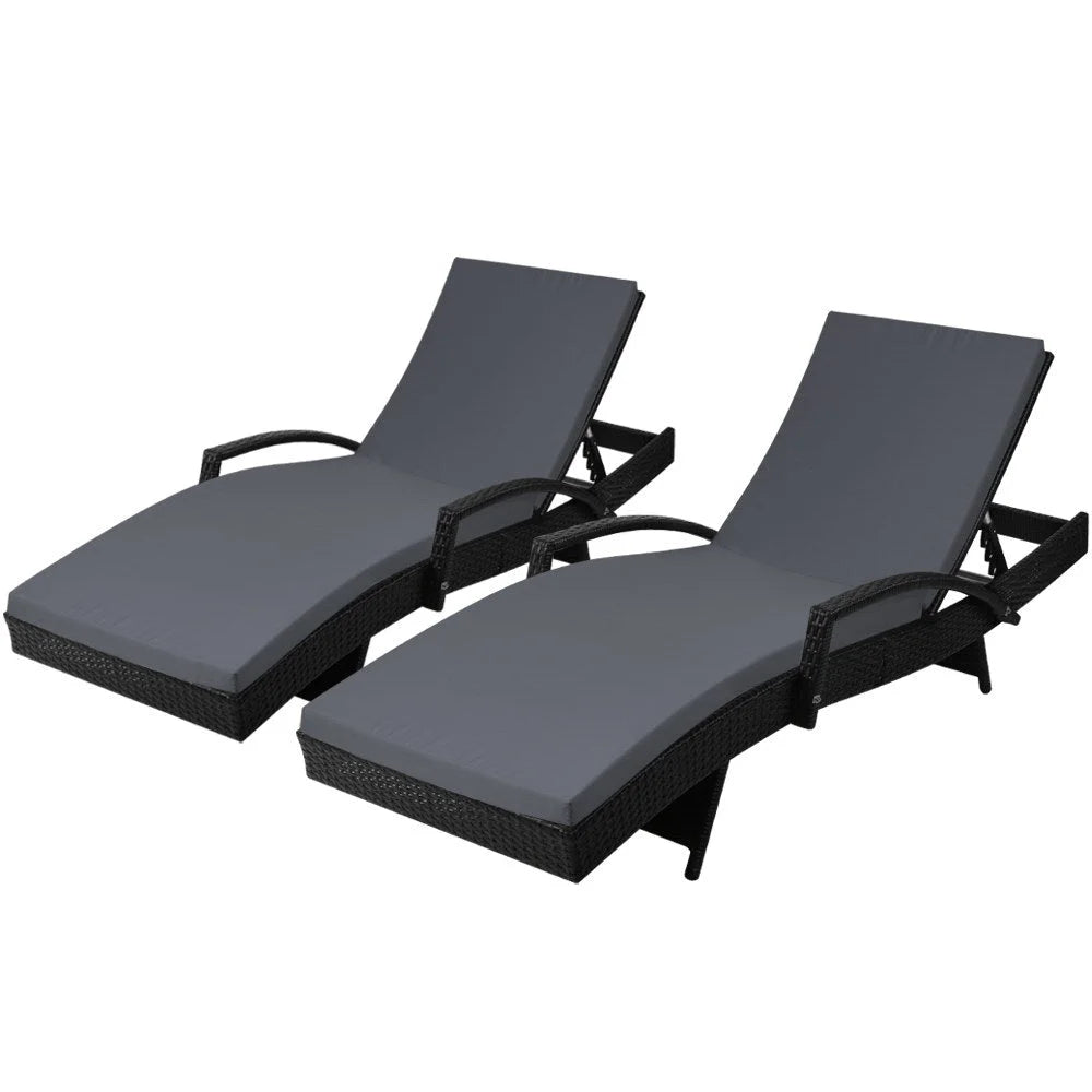 Set of 2 Outdoor Sun Lounge Chairs with Cushion - Black