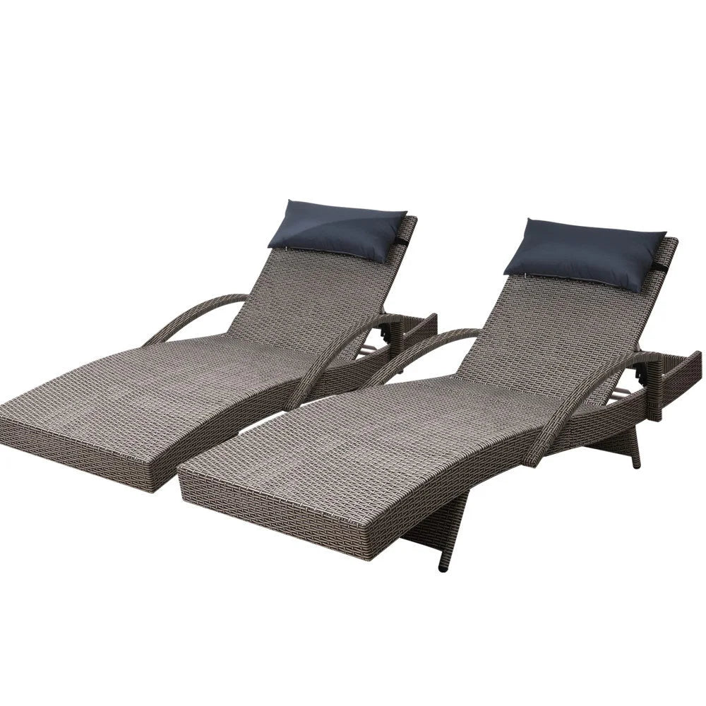 Set of 2 Outdoor Sun Lounge Day Bed Wicker Lounger Rattan
