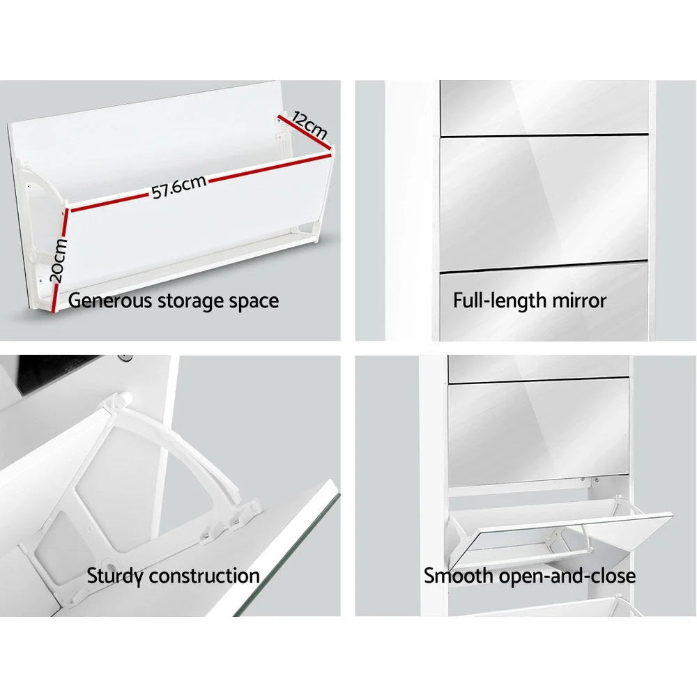 Shoe Cabinet 5 Drawer Mirrored Wooden - White - Living Room