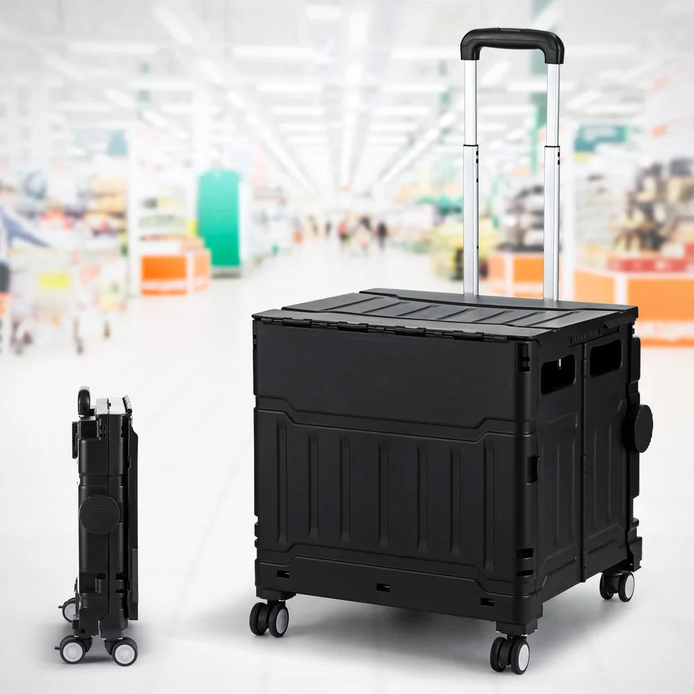Black 75l storage trolley with portable shelves and caster wheels