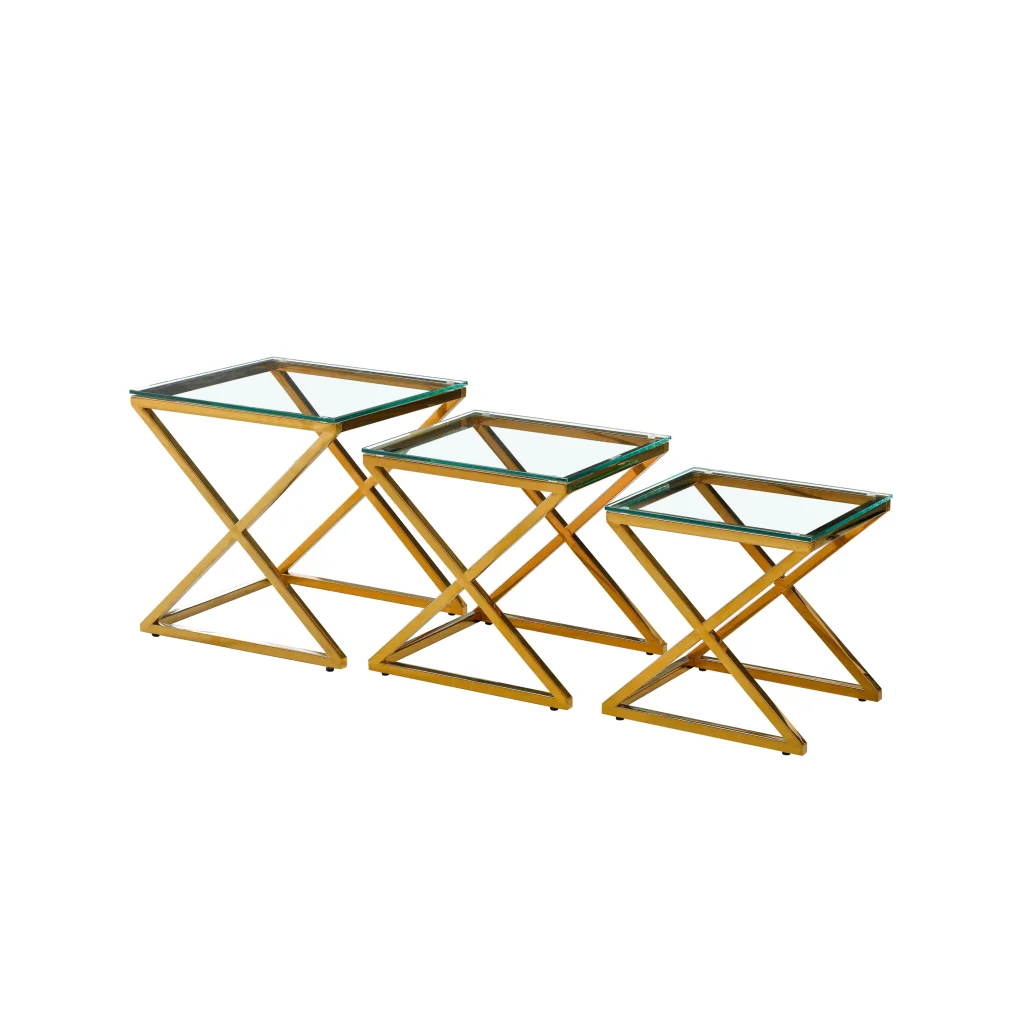 Side Table Bella Set of 3 Gold - Clear Glass - Furniture