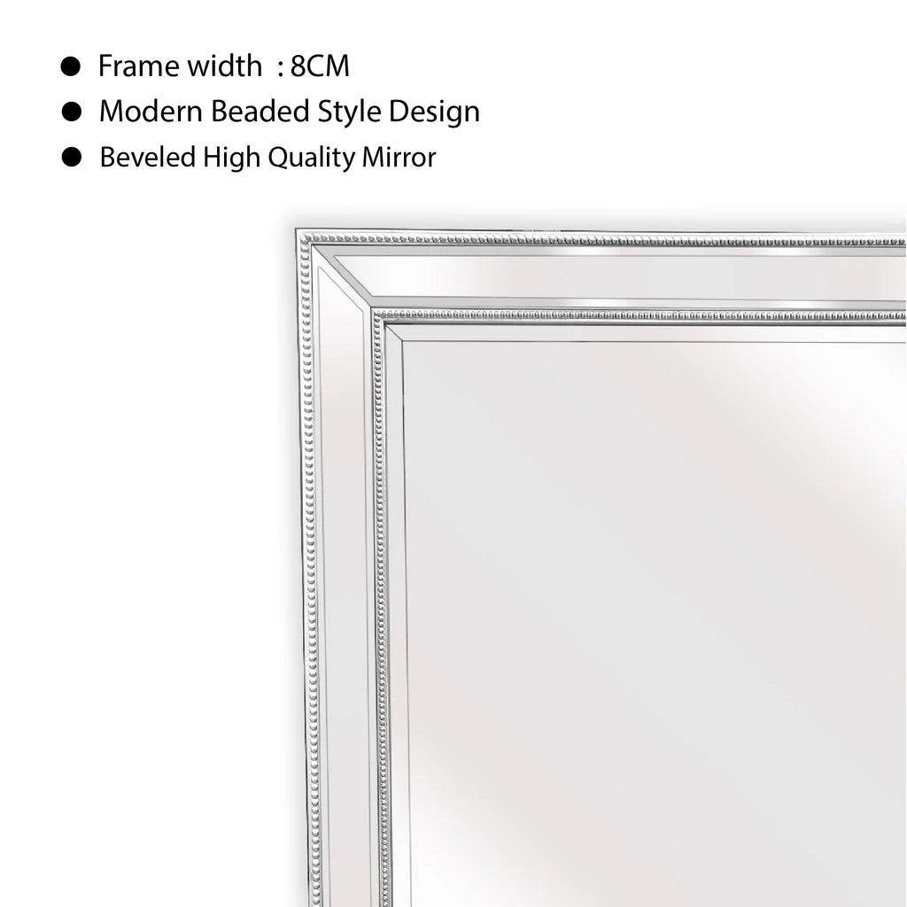 Silver Beaded Framed Mirror Rectangle - 80cm x 110cm - Home