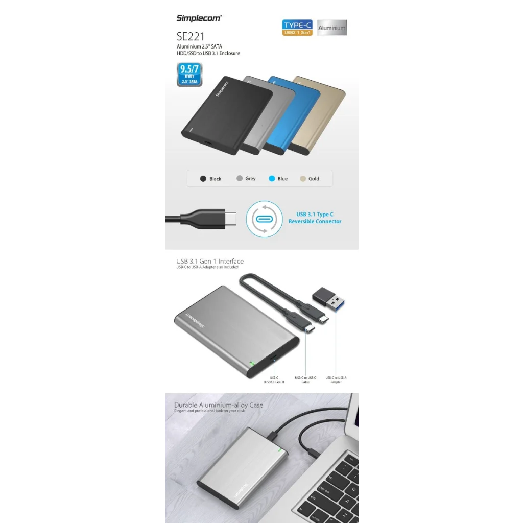 Simplecom SE221 Aluminium 2.5’’ SATA HDD/SSD to USB 3.1